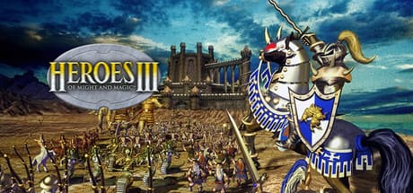 Heroes III artwork showing a mounted knight, a castle, and a gathering army
