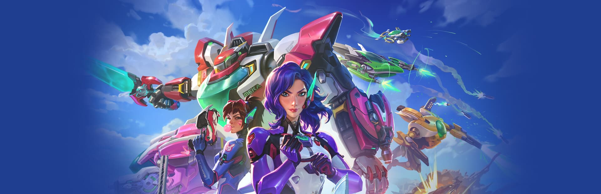 Overwatch heroes and a towering mech against a vivid blue sky