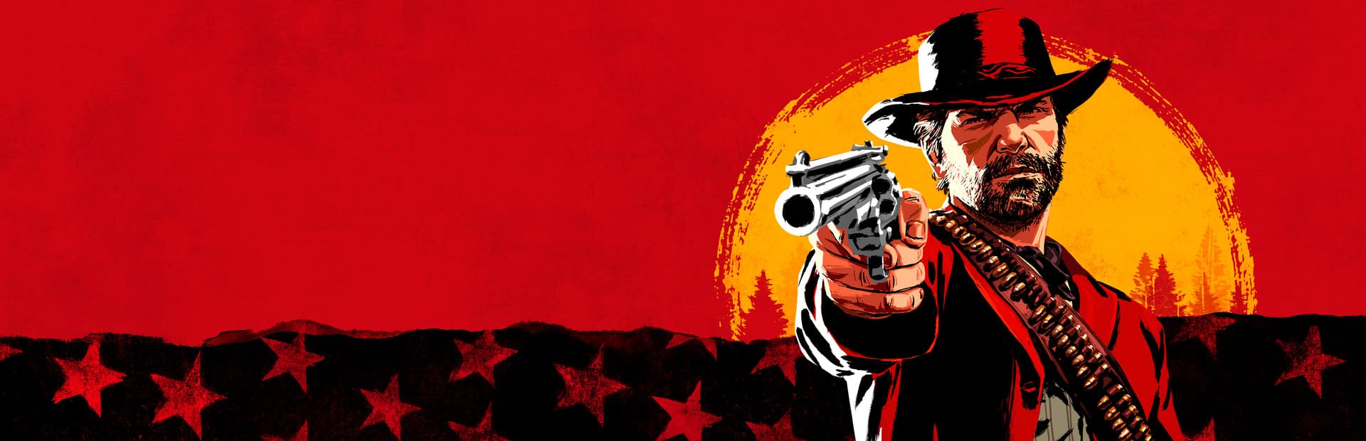 Arthur Morgan holding a revolver against a red frontier sky and golden sun