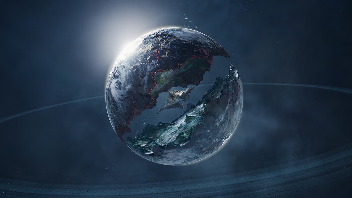 A fractured world suspended in a blue celestial sky in official AION 2 artwork