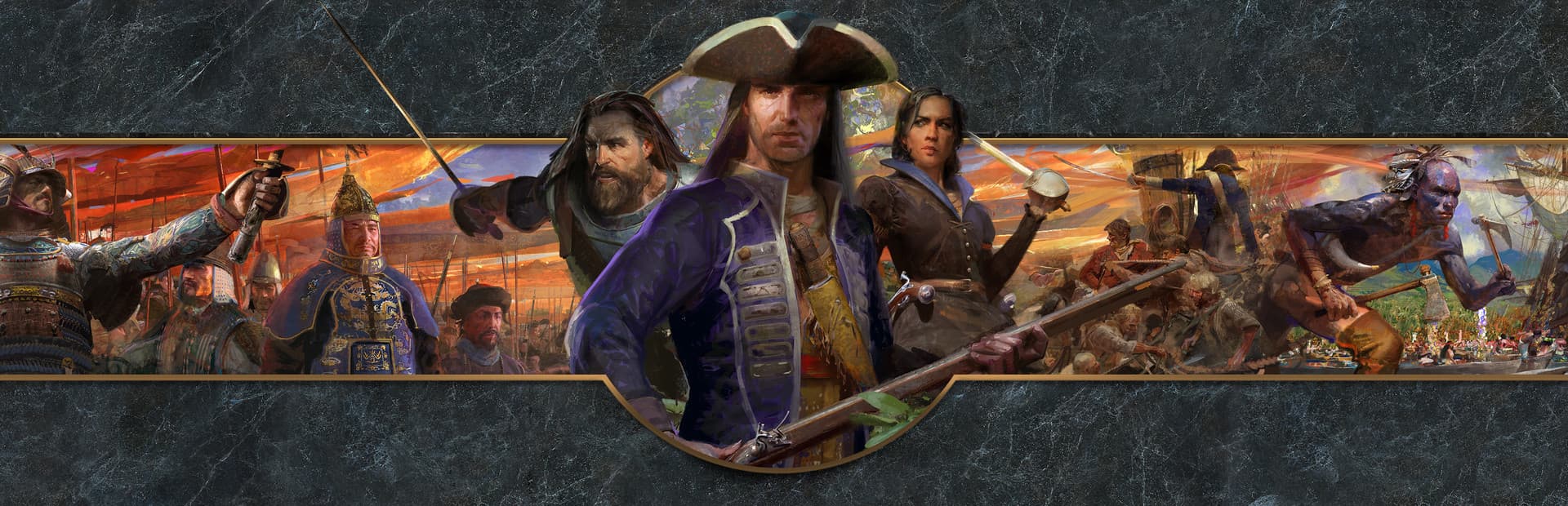 Age of Empires III Definitive Edition artwork featuring historical leaders and armies