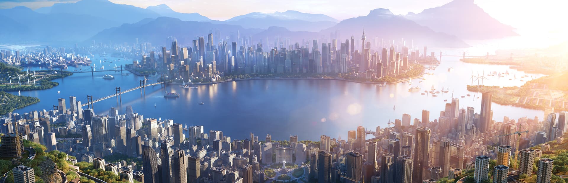 A sprawling waterfront city with bridges, skyscrapers, and mountains in Cities: Skylines II artwork