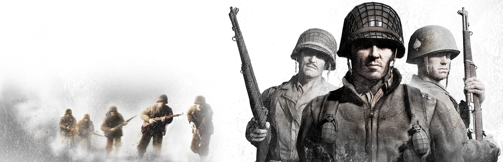 Company of Heroes artwork showing Allied soldiers advancing across a World War II battlefield