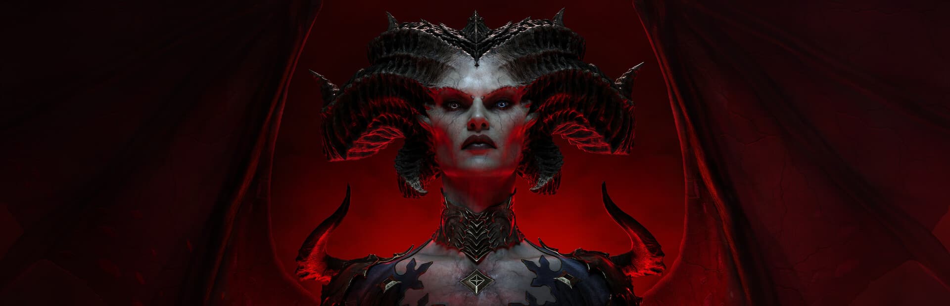 Diablo IV artwork featuring Lilith against a dark crimson background