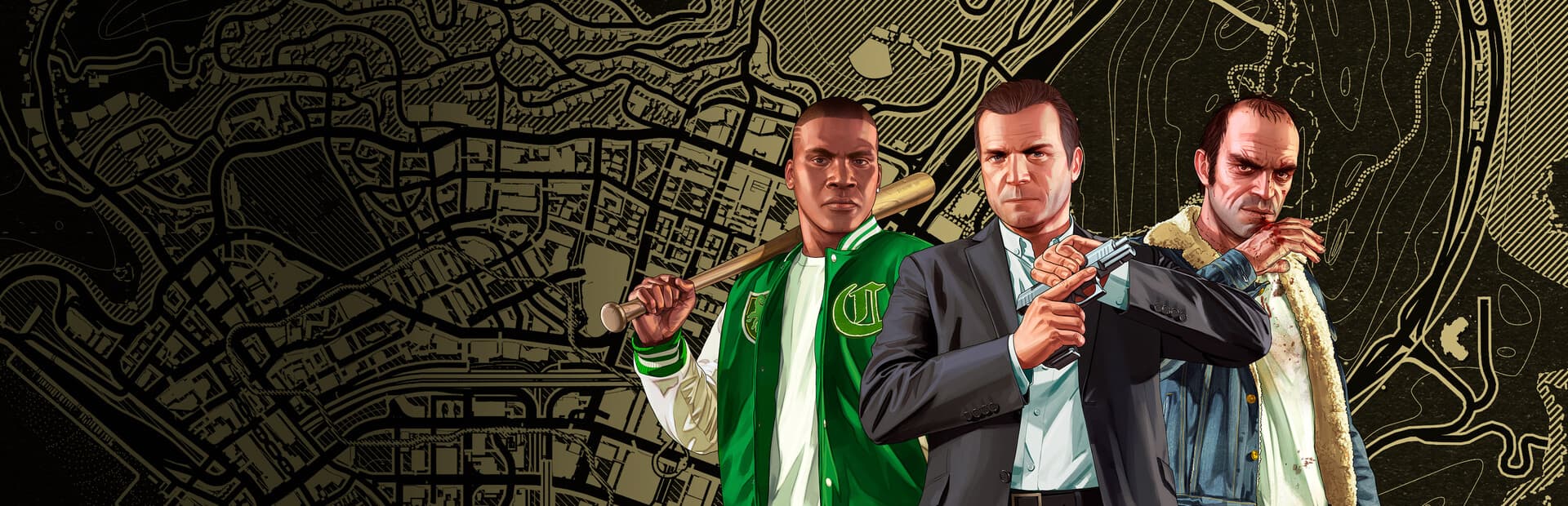 Franklin, Michael, and Trevor against a gold map of Los Santos in GTA V artwork