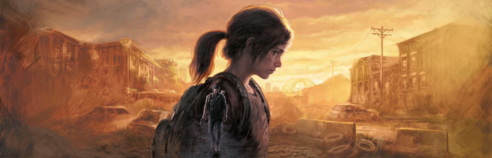 Ellie and Joel against an overgrown city at sunset in The Last of Us Part I artwork