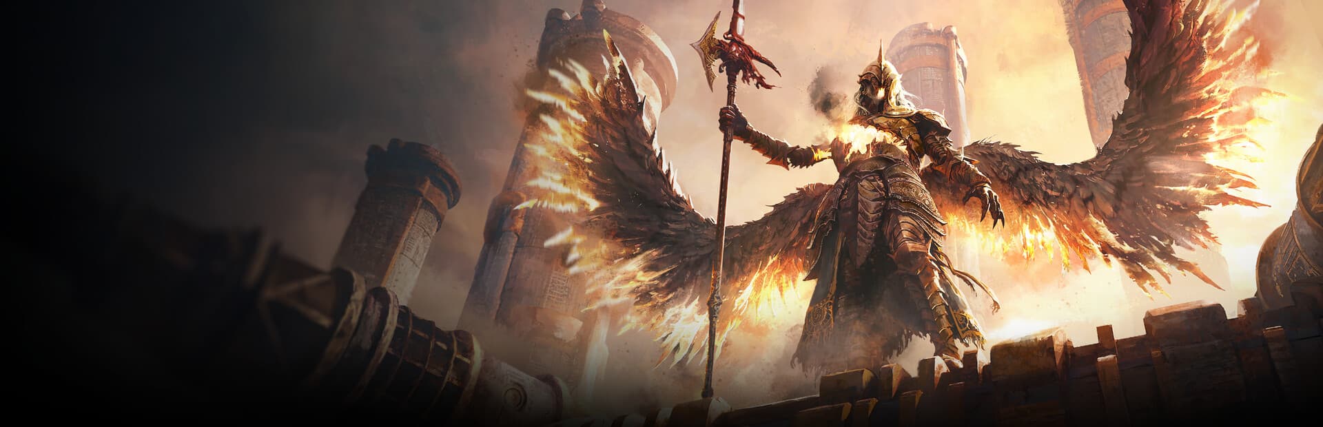 Path of Exile 2 artwork with a warrior and fiery golden wings above ancient ruins
