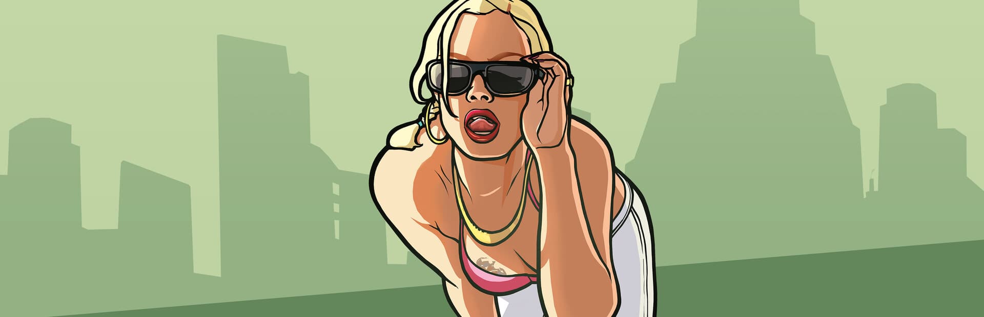 GTA San Andreas artwork with a woman in sunglasses against a green city skyline