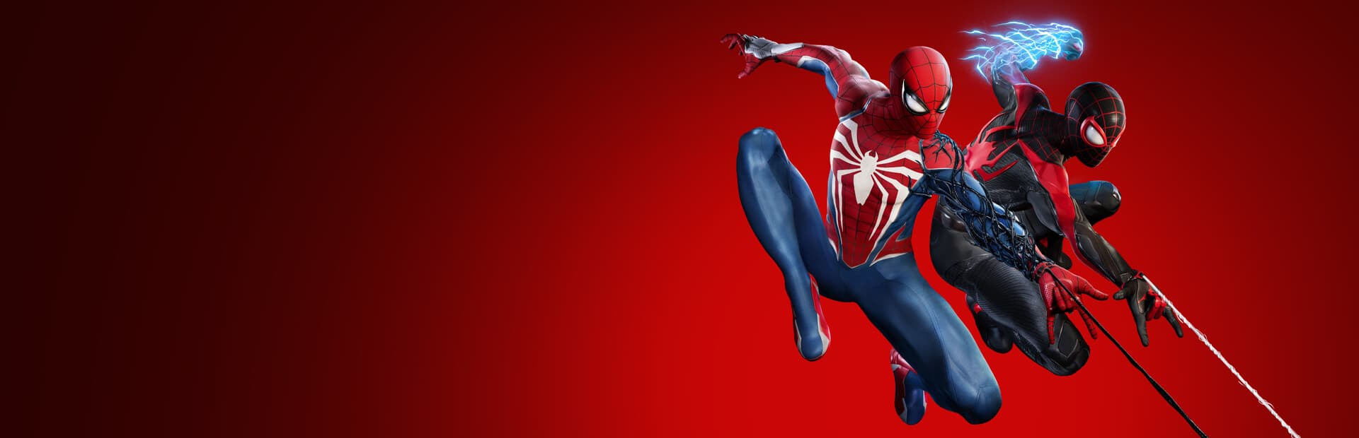 Peter Parker and Miles Morales swinging together against a red background in Marvel’s Spider-Man 2 artwork