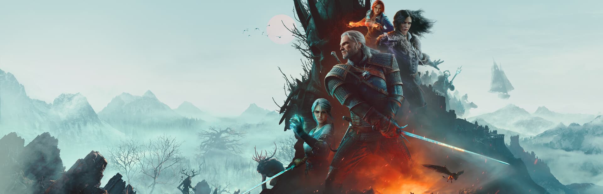 Geralt, Ciri, Yennefer, and Triss against misty mountains in The Witcher 3 artwork